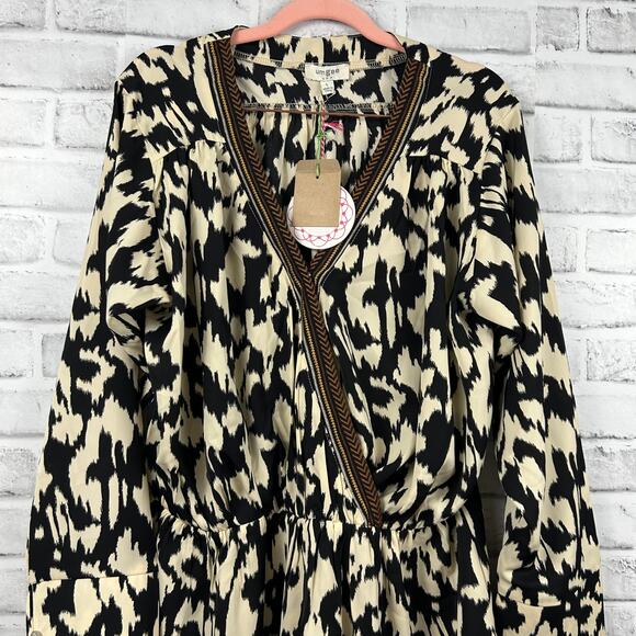Umgee Ivory Animal Print Embroidered V Neck Faux Wrap Cinched Waist Dress L NEW - Picture 5 of 12